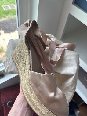 Tory Burch Satin Espadrille Wedge in Blush Pink